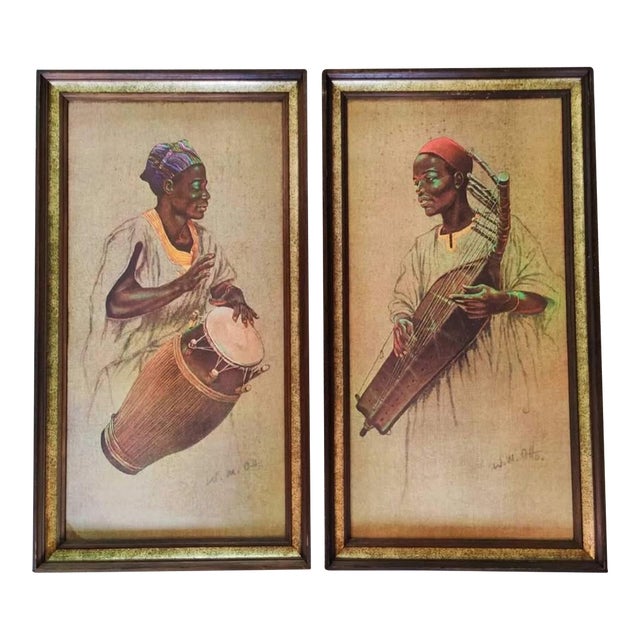 Vintage 70's Mid Century African Tribal Art Print Setk9 For Sale
