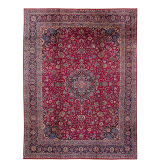 19th Century Antique Mohtasham Kashan Handmade Botanical Medallion Red Wool Rug For Sale