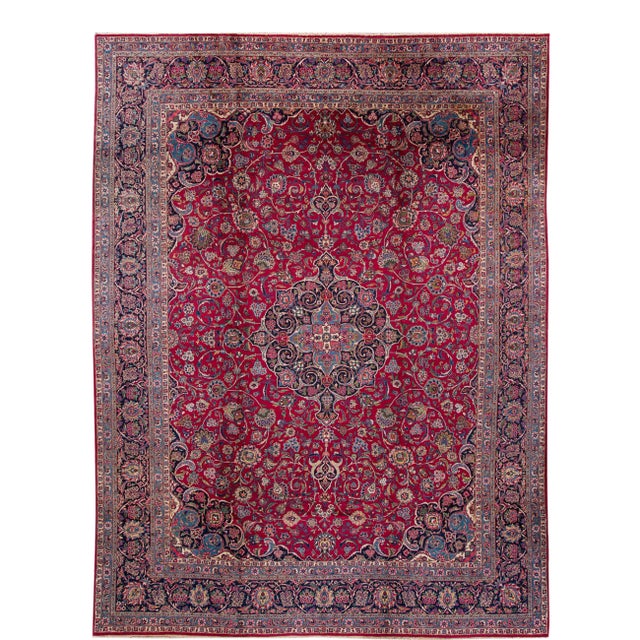 19th Century Antique Mohtasham Kashan Handmade Botanical Medallion Red Wool Rug For Sale