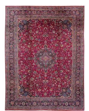 19th Century Antique Mohtasham Kashan Handmade Botanical Medallion Red Wool Rug
