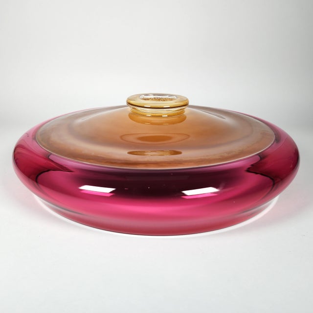 Large Art Glass Footed Bowl Michael Mortara Mirage Series Ruby Swirl VTG 2002 For Sale - Image 12 of 14