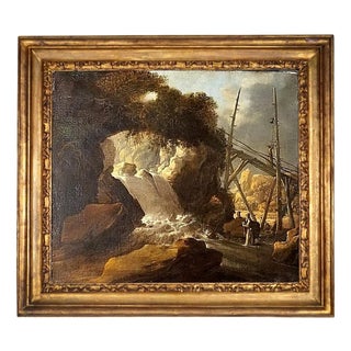Landscape with Waterfall and Figures, Oil on Canvas, Late 17th Century, Framed For Sale
