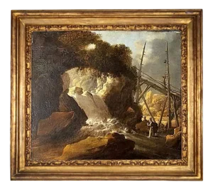 Landscape with Waterfall and Figures, Oil on Canvas, Late 17th Century, Framed