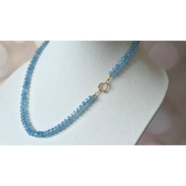 Gemstone Aquamarine Faceted Beaded Necklace With 14k Gold Clasp For Sale - Image 7 of 8