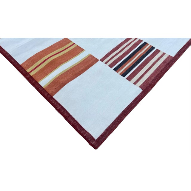 Handwoven Cotton Area Rug, Vegetable Dyed Cream and Red Tile Patterned Dhurrie - 6'x9' For Sale - Image 6 of 10