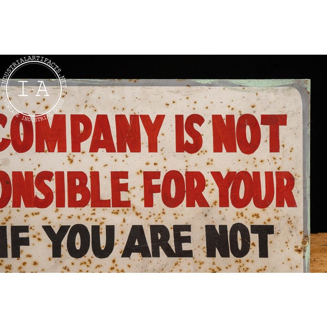 Industrial Vintage Hand-Painted Metal Industrial Workplace Safety Glasses Liability Sign For Sale - Image 3 of 7