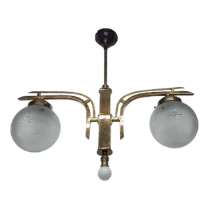 1940s Art Deco Brass & Frosted Star Glass Shade Hanging Chandelier