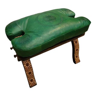 Moroccan Camel Saddle Green Leather Cushion Stool For Sale