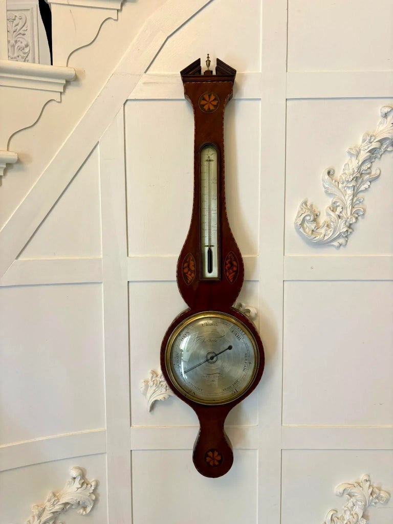 Antique George III Mahogany Shell Inlaid Banjo Barometer, 1800s 