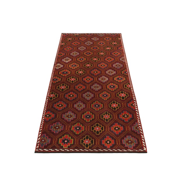 1950s Vintage Chaput Kilim Rug in Red, Gold & Brown Geometric Honeycomb Pattern For Sale - Image 5 of 7