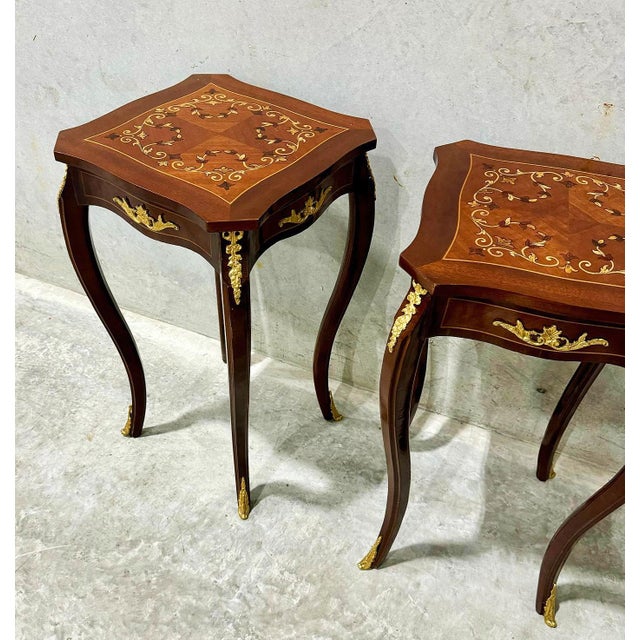 French Style Walnut Wood Louis XVI Small Side Table Set For Sale - Image 4 of 6