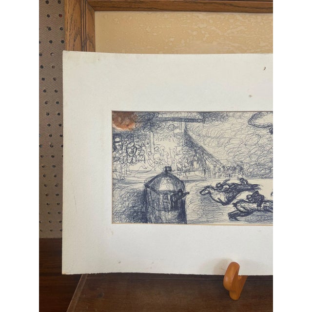 Vintage Signed Abstract Ink Drawing of Horse Race For Sale - Image 4 of 10