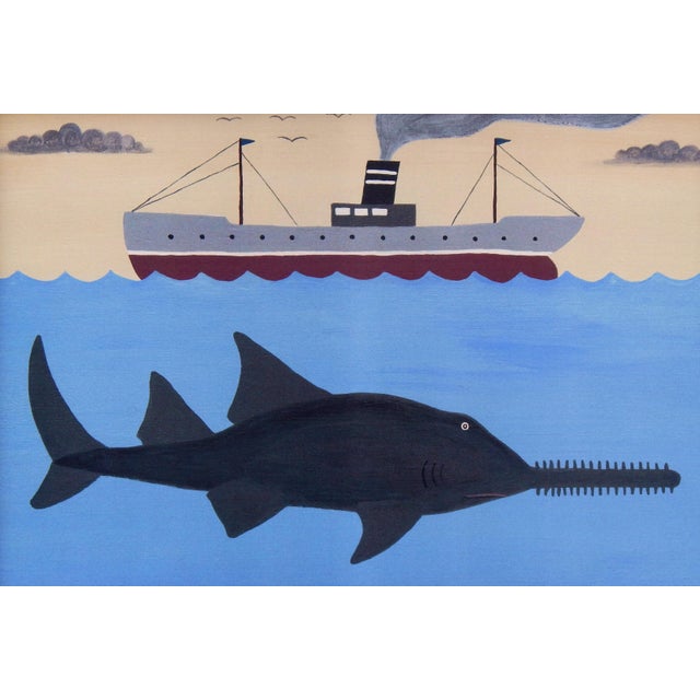 Early 21st Century Matt Rix, Naïve Style Maritime Scene with Sawfish and Steamship, Print, Framed For Sale - Image 5 of 10