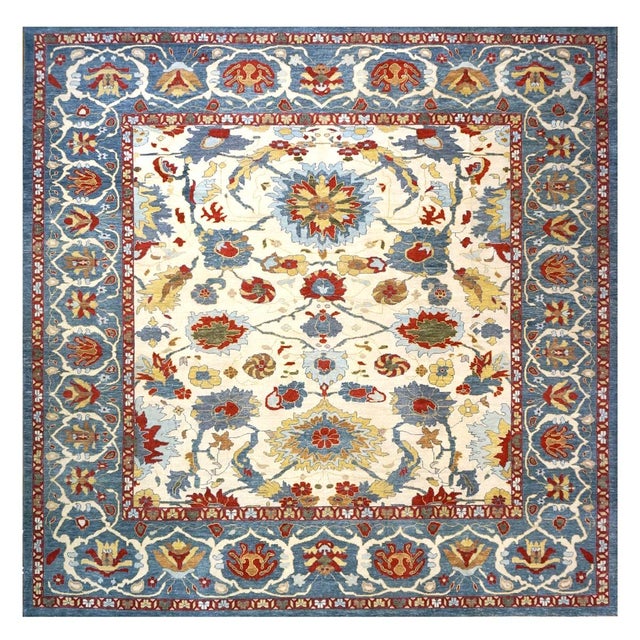 Islamic Afghan Sultanabad Wool 12x12 Square Teal, Ivory & Rust Handmade Area Rug #1143652 For Sale - Image 3 of 3