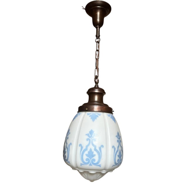 Metal 1910s Melon Shaped White SND Blue Damask Pattern Glass Fixtures on Original Payina Holders - a Pair For Sale - Image 7 of 9