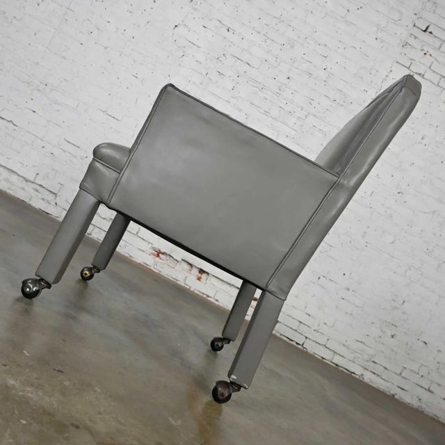 Modern Gray Faux Leather Modified Parsons Style Armed Accent Chair on Casters For Sale - Image 4 of 17