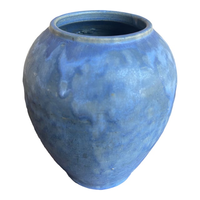 Folk Art Pottery Brush McCoy Vellum Blue Glaze Vase For Sale