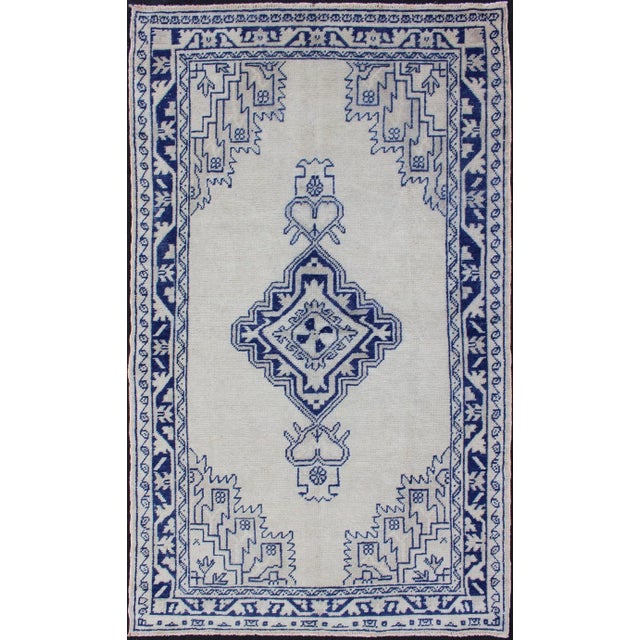 Vintage Turkish Oushak Rug Featuring Deep Indigo and Ivory Geometric Medallion For Sale - Image 12 of 12