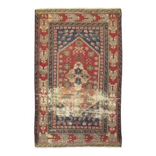 Vintage Quirky Red Blue Shabby Chic Turkish Distressed Rug - 3'7" x 5'2" For Sale