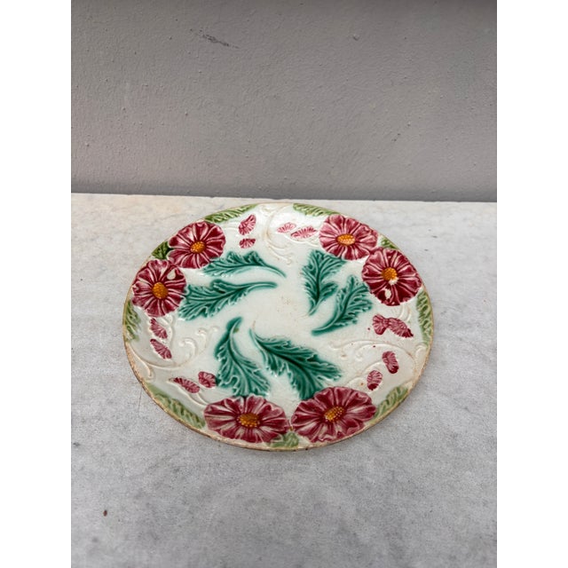 French Majolica Red Flowers Plate Salins, Circa 1890.