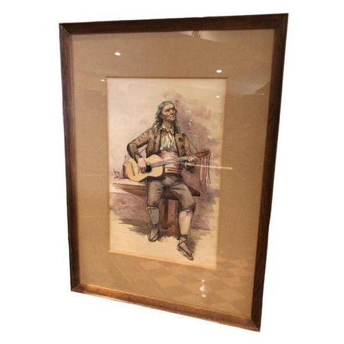 Spanish Guitarist, Watercolor, Framed For Sale - Image 6 of 6