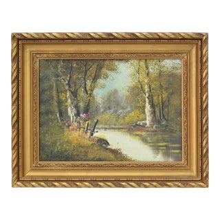 Signed French Woodland Pond Oil Painting For Sale
