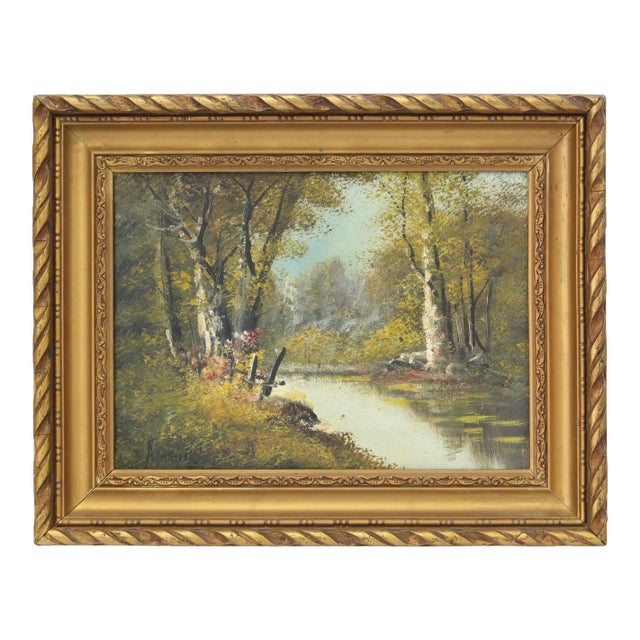 Signed French Woodland Pond Oil Painting For Sale