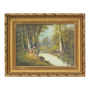 Signed French Woodland Pond Oil Painting