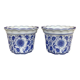 Early 21st Century Chinoiserie Large Blue and White Porcelain Planters - A Pair For Sale