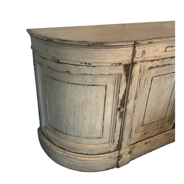 French Provincial 1990s Ethan Allen Emanuel Demilune Sideboard Console Buffet Credenza Distressed For Sale - Image 3 of 13