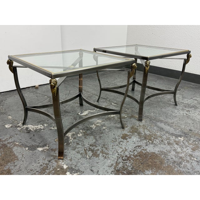 Hollywood Regency Vintage Hollywood Regency Glass Top Lion Head Accent Tables, Pair For Sale - Image 3 of 12