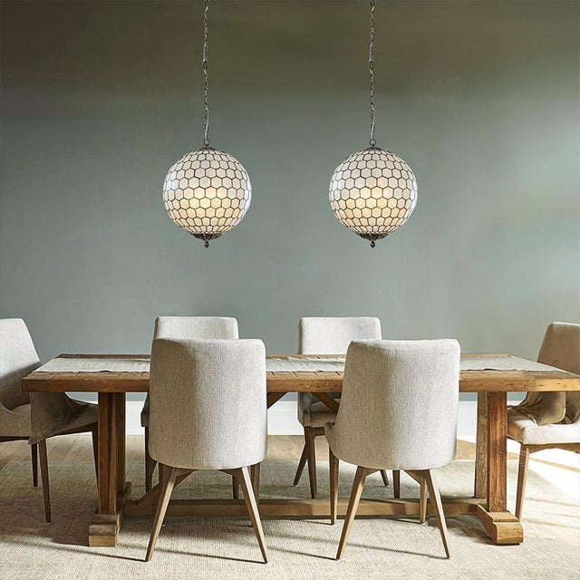 Vintage Aloadecor 3-Light 18'' Brass French Cosatal Glam Chandelier With Natural Capiz Shell Globe Lantern Hanging Light For Sale - Image 10 of 11