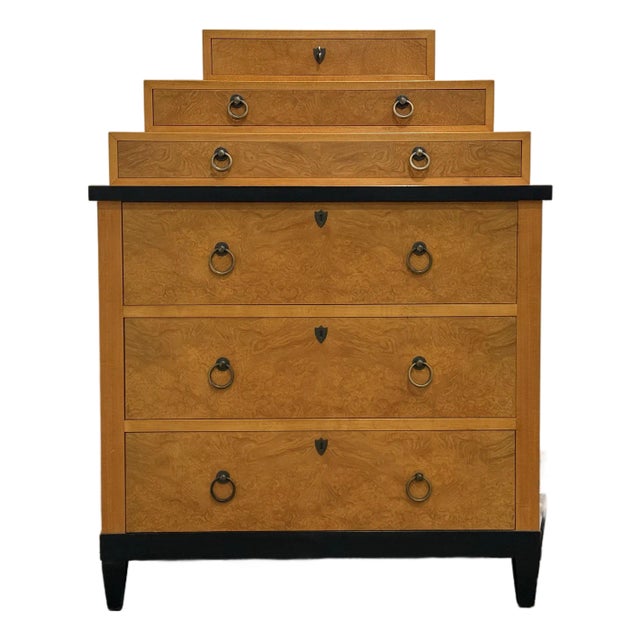 Vintage Biedermeier Style Chest by Baker - Burl Ash + Maple - High Boy Dresser For Sale