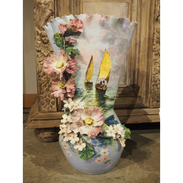 Pair of Circa 1890 Hand Painted French Gros-Relief Blue Ground Barbotine Vases For Sale - Image 16 of 18