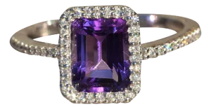 The Fuschia: Ladies Emerald Cut Amethyst and Diamond Ring in White Gold