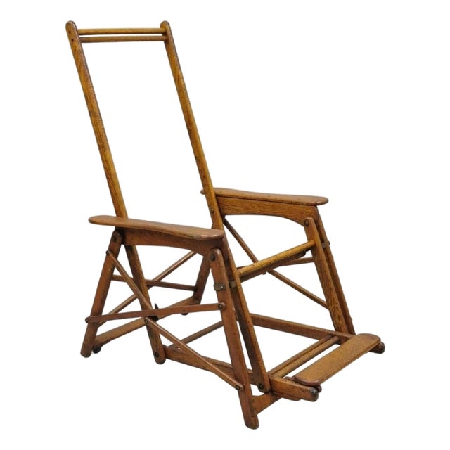 Antique Art Deco Folding Oak Wood Steamer Ship Reclining Deck Chair by Lloyd's For Sale