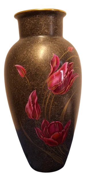Art Deco German Porcelain Vase with Hand-Painted Red and Gold Tulip Motif by Oßwald for Heinrich & Co., 1939