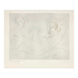 1960s French Odalisque Nude Lithograph With Watercolor