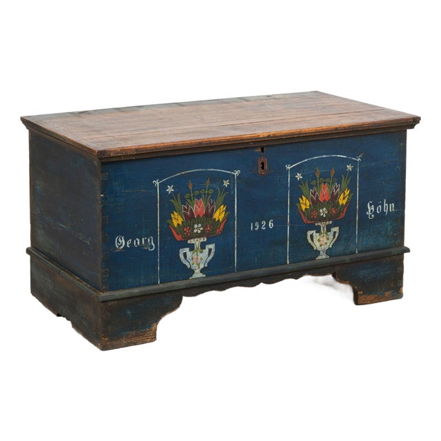 1926 Original Blue Hand-Painted Pine Flat Top Trunk For Sale