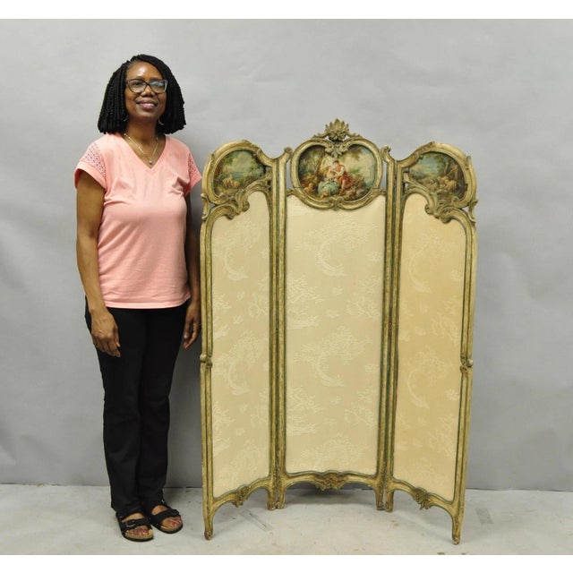 Antique French Louis XV Style Hand Painted Small Petite 3 Panel Upholstered Folding Dressing Screen. Circa Early 20th...