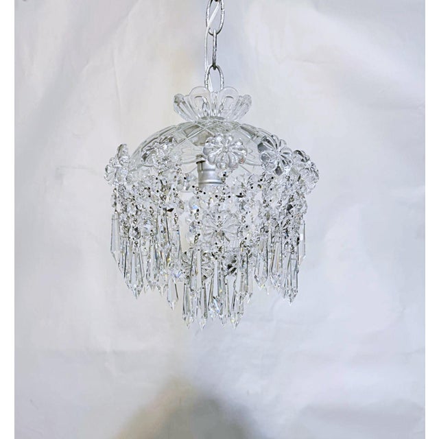 Basket chandelier with vintage hand cut glass dish, crystals chain and hand cut U-drop crystal. The chandelier is rewired...