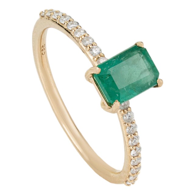 1.09ct Certified Natural Emerald Solitaire Ring With Diamonds in 14k Gold Size 6 For Sale