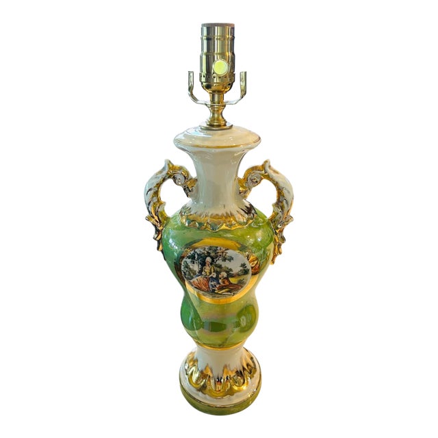 1950s Vintage Victorian Couple Motif Green Porcelain Gold Plated Table Lamp For Sale