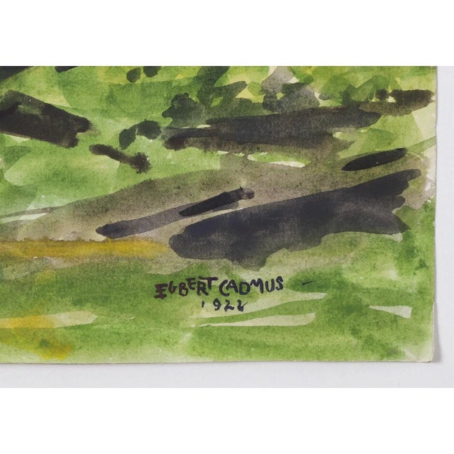 Watercolor on paper painting by Egbert Cadmus (American, 1868-1939) of New England farmhouse landscape. Signed and dated...