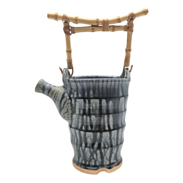John Kinder Bend Oregon Studio Pottery Teapot Planter Bamboo Handle 12.5" For Sale