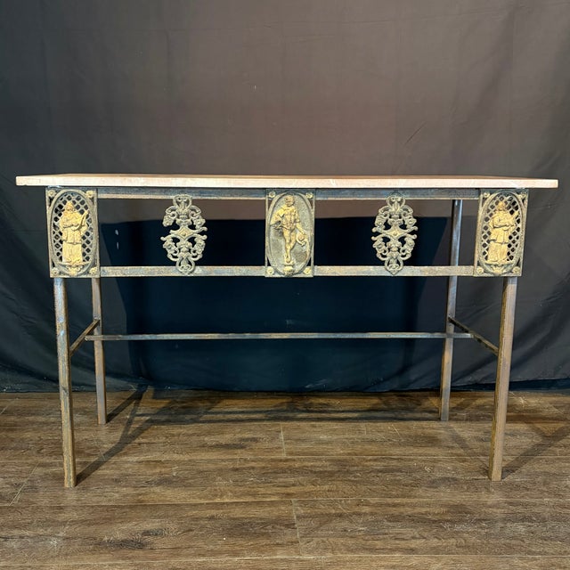 Exceptional French marble top console table made from an authentic 19th-century French wrought iron balcony, this...
