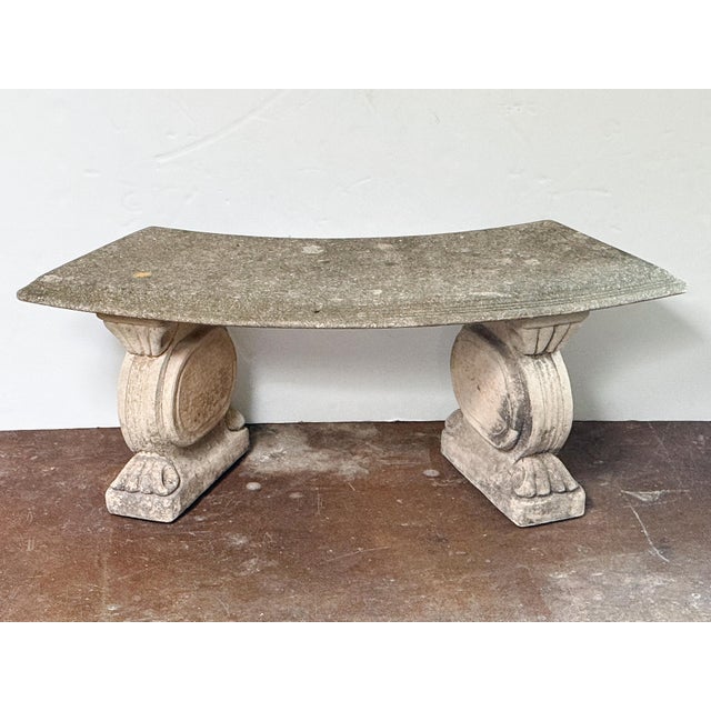 English English Curved Garden Stone Bench With Scroll and Lion's Head Base Supports For Sale - Image 3 of 11
