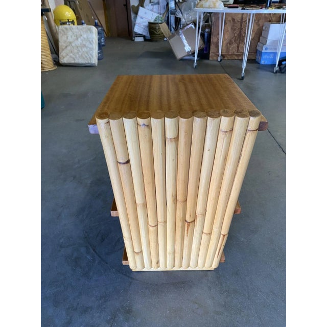 Yellow Restored Mid-Century Vertically Stacked Geometric Rattan Side Table With Mahogany Tops For Sale - Image 8 of 12