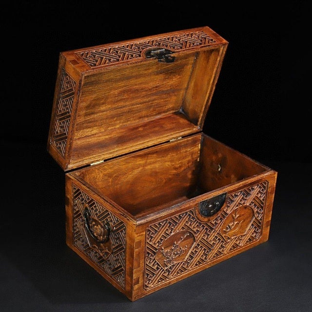 Chinese Vintage Huanghuali Wood Carved Treasure Box – Lattice & Floral Motif For Sale - Image 3 of 9
