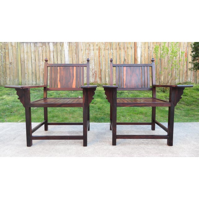 Excellent vintage exotic hardwood handmade armchair pair. Both chairs are solid and completely functional. Outstanding...